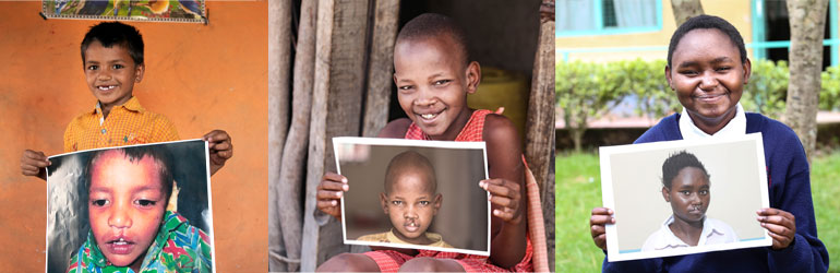 Three photos of kids smiling.